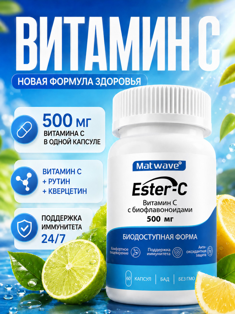 Витамин C Эстер Ester C (аскорбат кальция) Matwave, 500 мг, 60 капсул