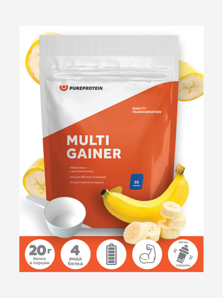 Гейнер для набора мышечной массы Многокомпонентный PUREPROTEIN 3кг, Банан  оранжевый цвет — купить за 2129 руб. со скидкой 31 %, отзывы в  интернет-магазине Спортмастер