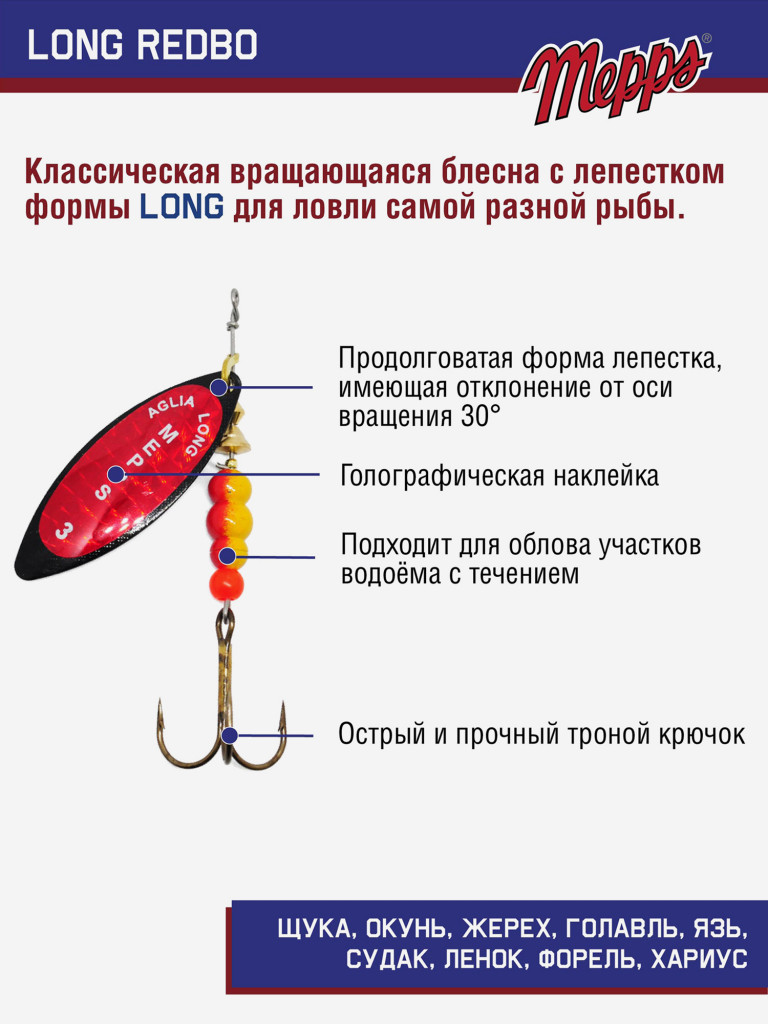 Блесна вращающаяся для рыбалки Mepps LONG REDBO на щуку, окуня