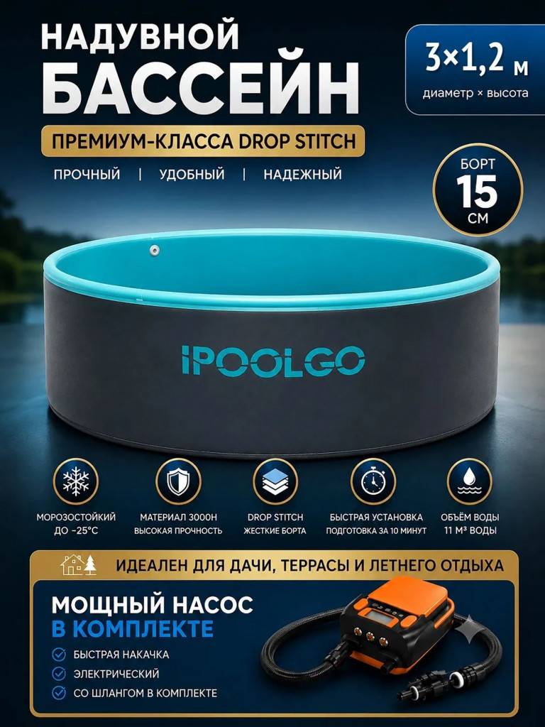 Бассейн надувной IPOOLGO, круглый, 300 х 120 см, с электронасосом
