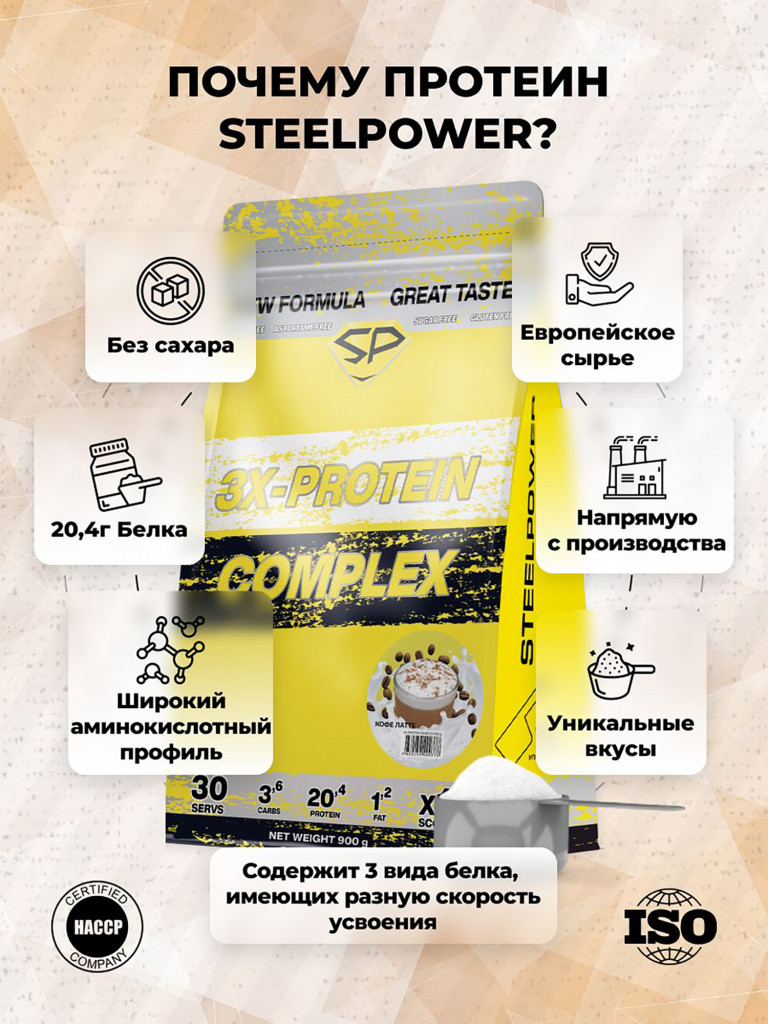 Комплексный протеин STEELPOWER 3X-PROTEIN COMPLEX, пакет 900 гр, Кофе-латте