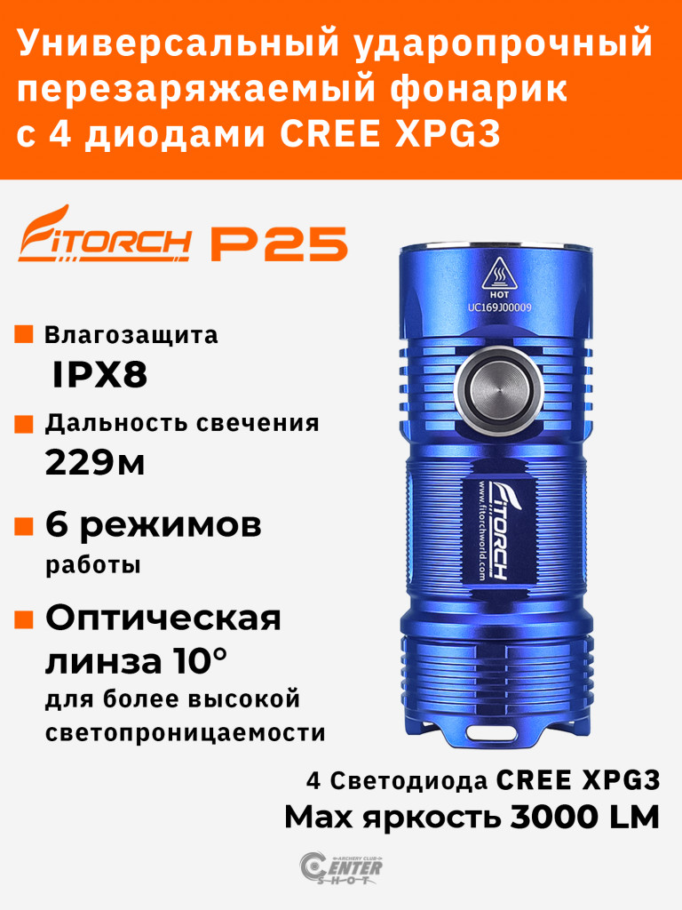 Фонарь FiTorch P25 универсальный компактный (акум. с USB) синий