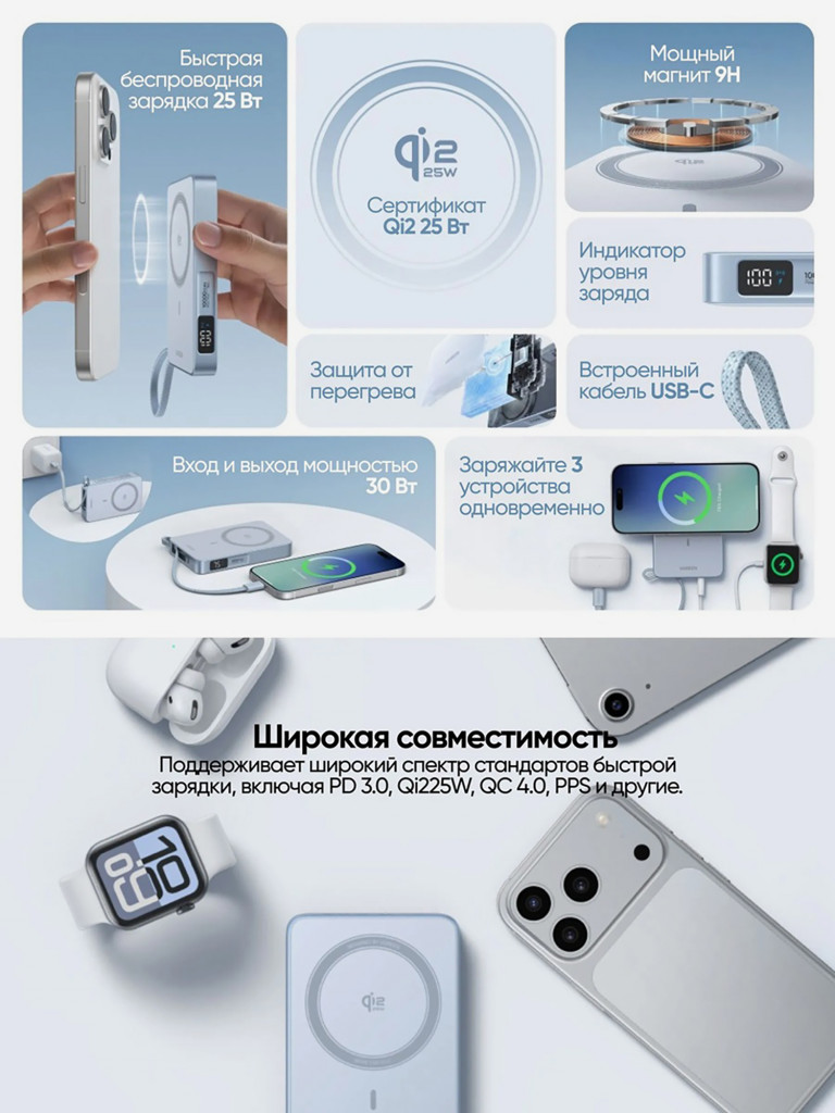 Внешний аккумулятор UGREEN PB773 (65958B) 25W Magnetic Wireless 10000mAh Charging Qi2 Portable Power Bank со встроенным кабелем USB-C