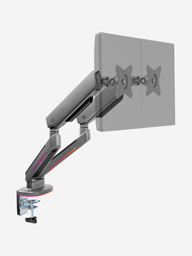 UNITEKI FMGT29RGBGL GAMING LINE кронштейн для двух мониторов со струбциной и подсветкой RGB, газлифт, диагональ 17-34", вертикальная регулировка, нагрузка от 2 до 9 кг.