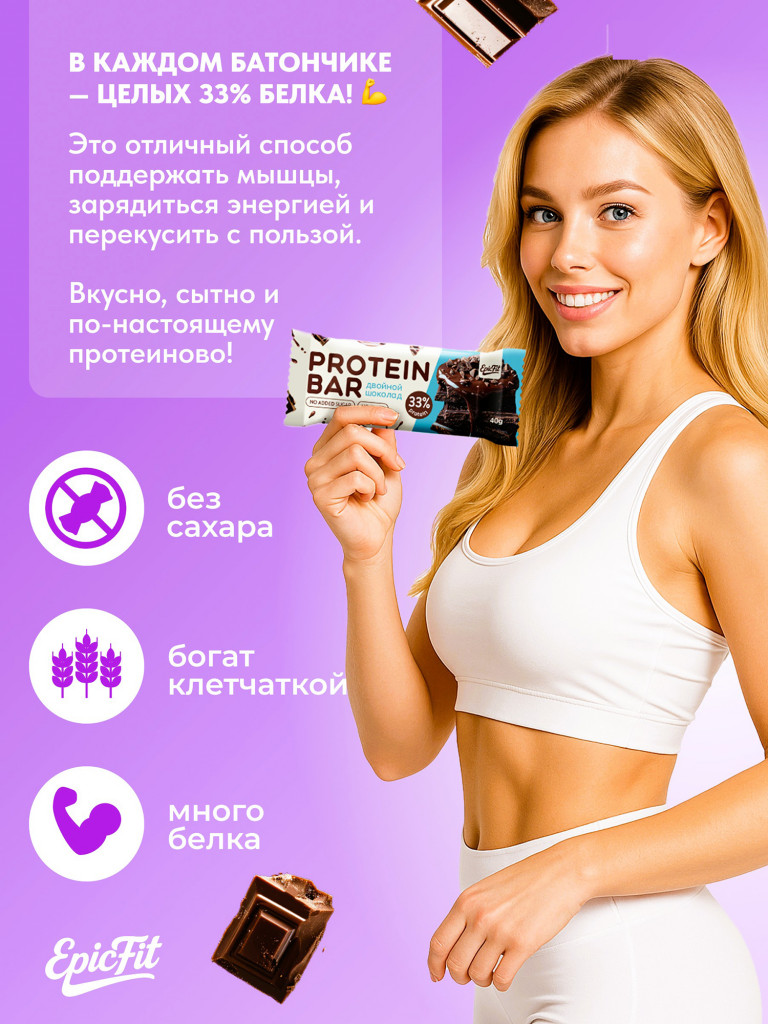 Протеиновые батончики без сахара, без глазури, Двойной шоколад, 16шт