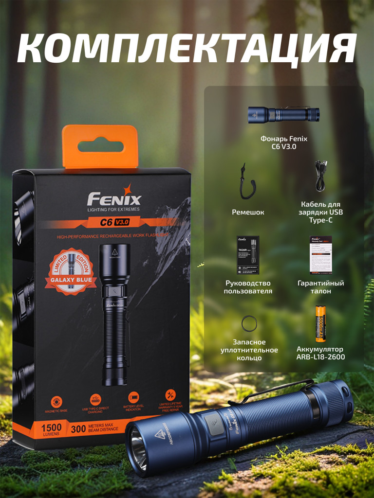 Фонарь Fenix C6 V3.0 синий 1500 люмен