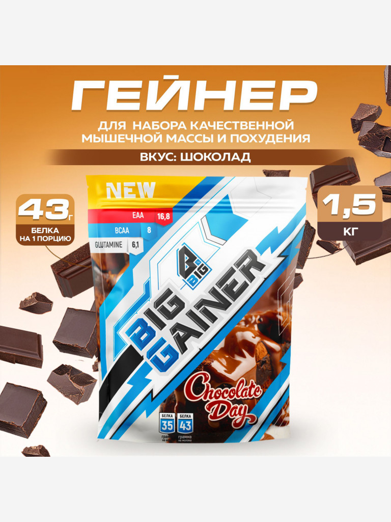 Гейнер BIGSNT BIG GAINER для набора мышечной массы высокобелковый / 1.5 кг, Шоколад