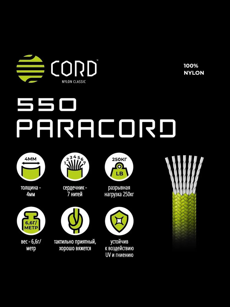 Паракорд 550 CORD nylon 10м RUS световозвращающий (ultragreen)