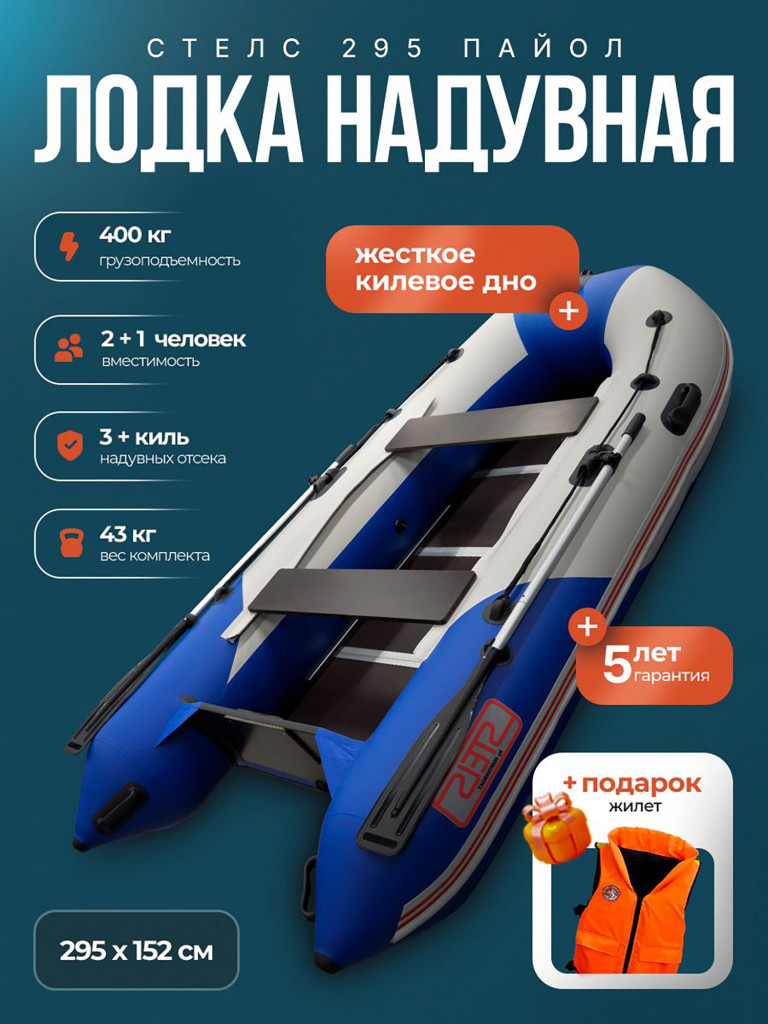Лодка пвх под мотор Хантер Стелс 295- белый/синий + жилет
