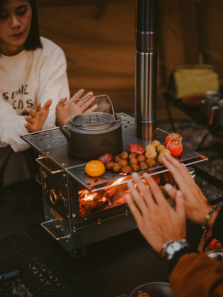 Складная походная печь Naturehike CNK2300CW021 с жаропрочным стеклом, столиком и дымоходом