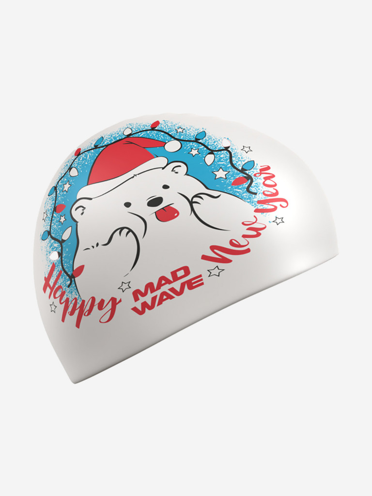 Силиконовая шапочка Mad Wave Happy New Year, White