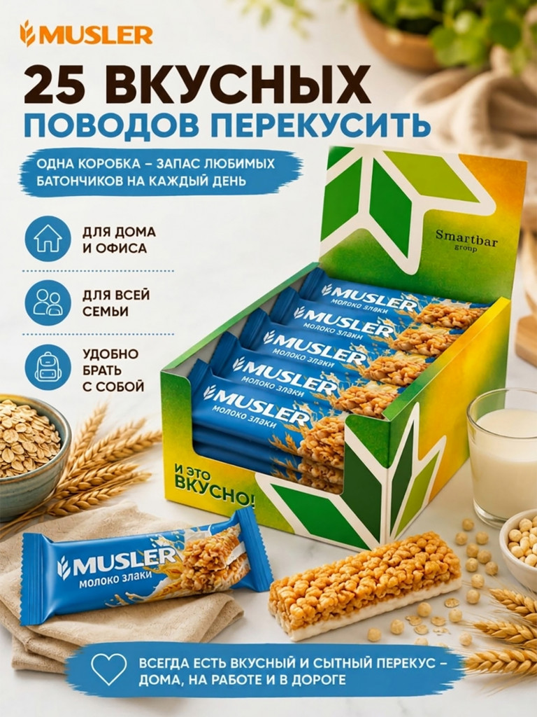 Батончики мюсли детские MUSLER Молоко и злаки, 25 шт