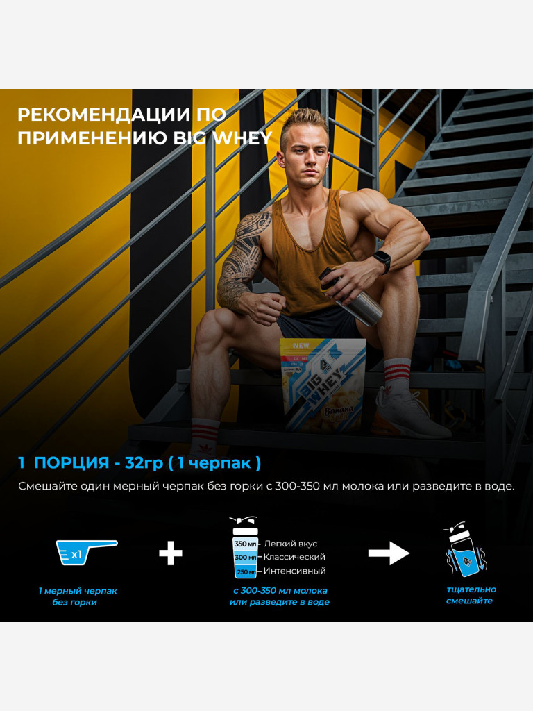 Протеин BIGSNT BIG WHEY сывороточный для набора мышечной массы, похудения и сушки / 900 грамм, 28 порций, Банан