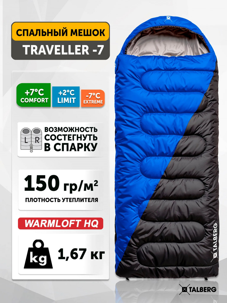 Спальный мешок TALBERG TRAVELLER -7 C, туристический, синий, правая молния