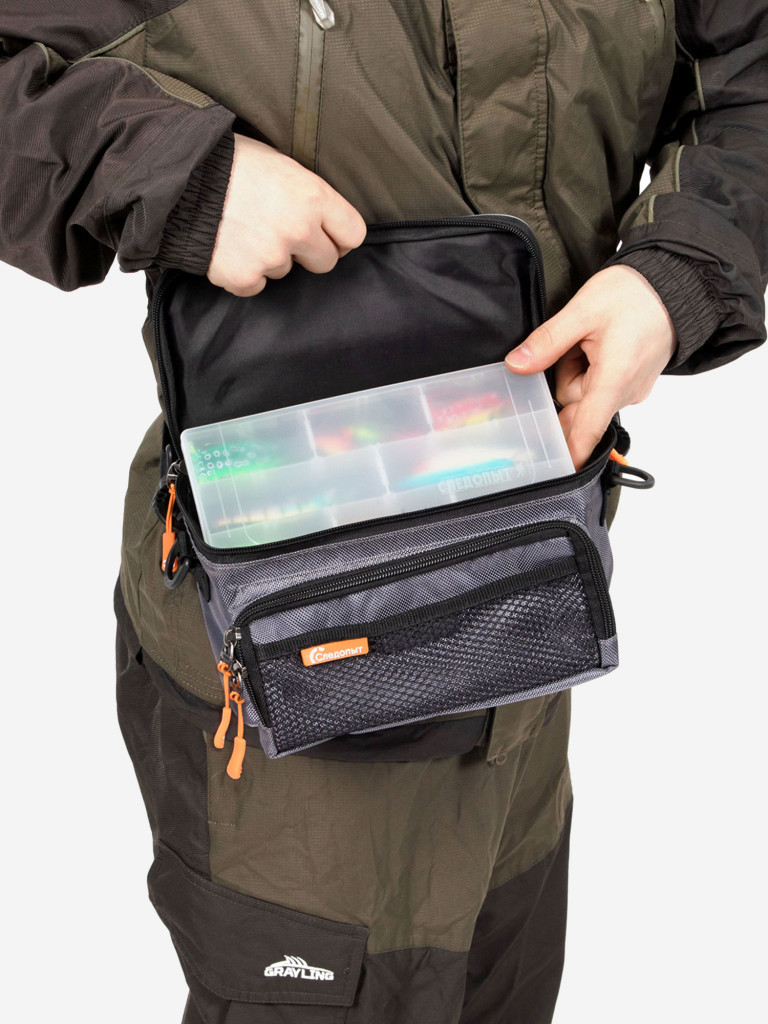 Сумка рыболовная Следопыт Sling Lure Bag M, 26х14х22 см, цвет серый + 3 коробки Luno.