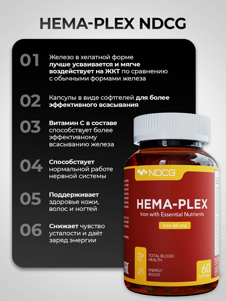 Витаминный комплекс с железом Hema-Plex Хема Плекс NDCG, 60 капсул