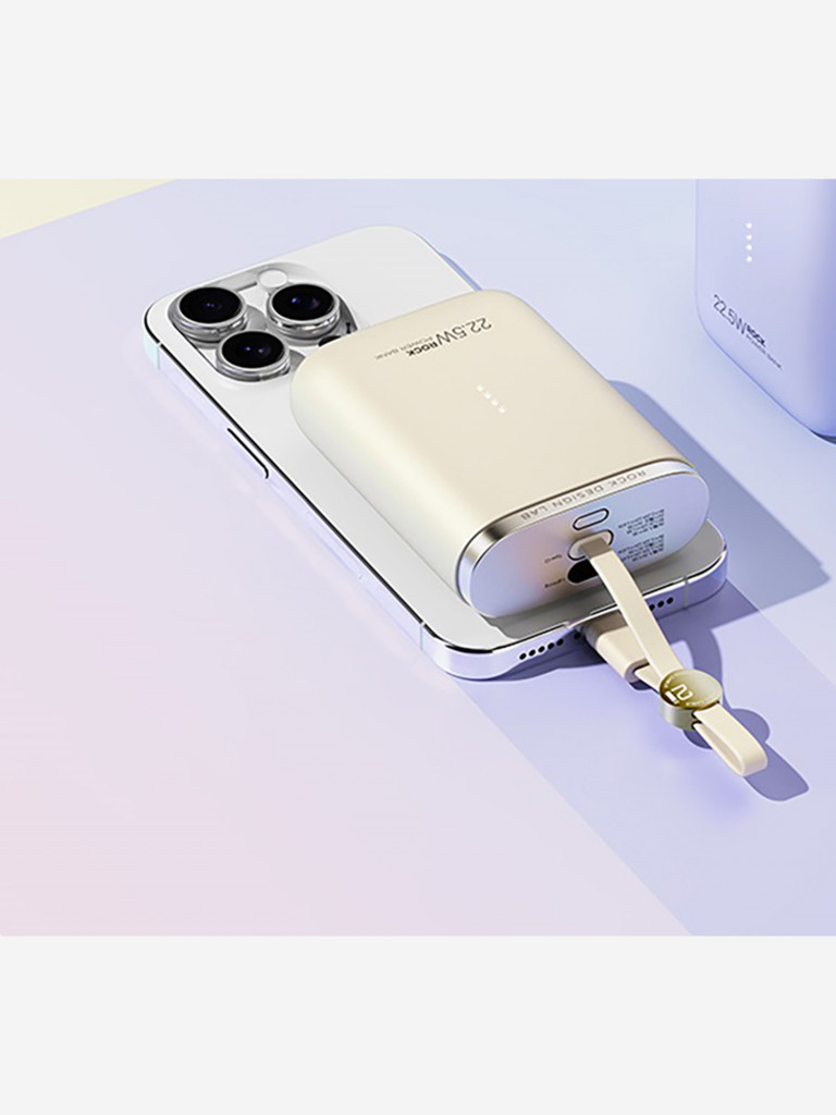 Внешний аккумулятор с быстрой зарядкой и встроенным кабелем 2 в 1 USB-C + LightningRock PowerSack Fast Charging with Cable бежевый