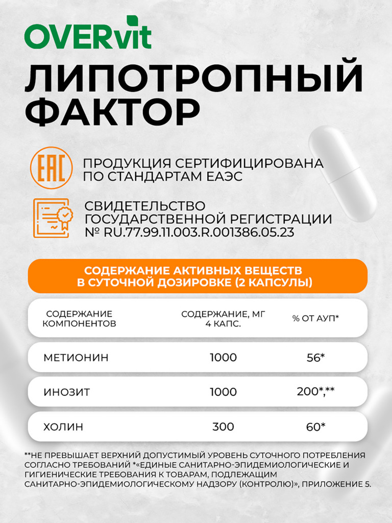 Липотропный фактор метионин, инозитол, холин OVER, 120 капсул