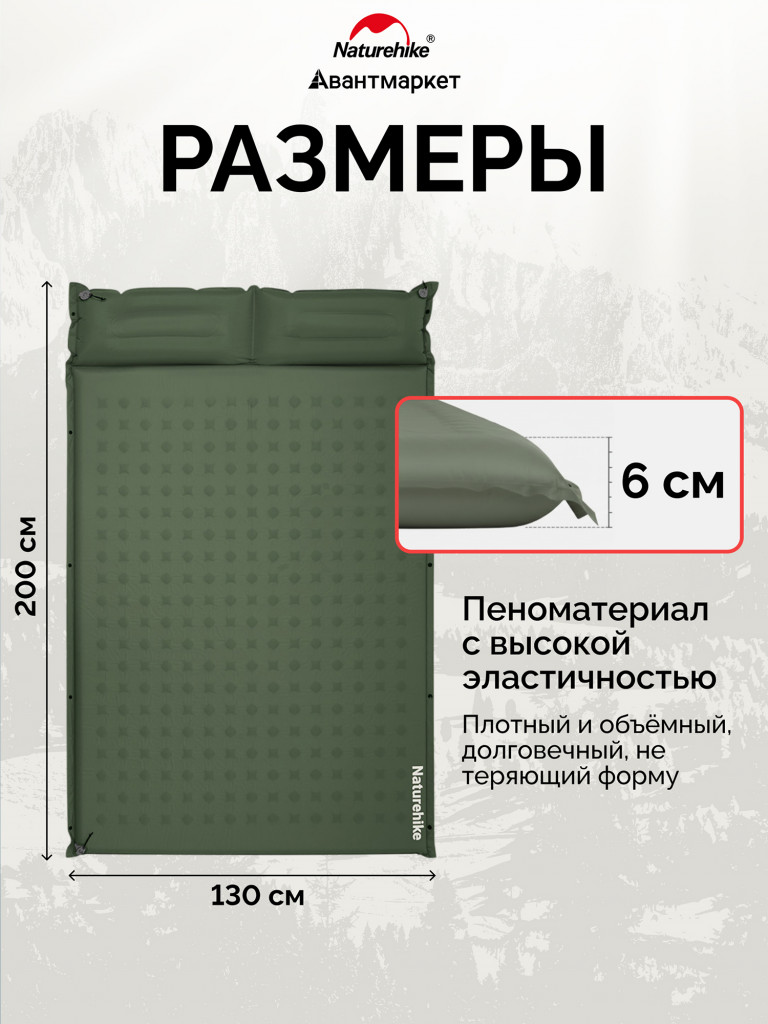 Коврик Naturehike CNK2550WS025 D Series 6см с подушкой R4.9 Double самонадувной туристический