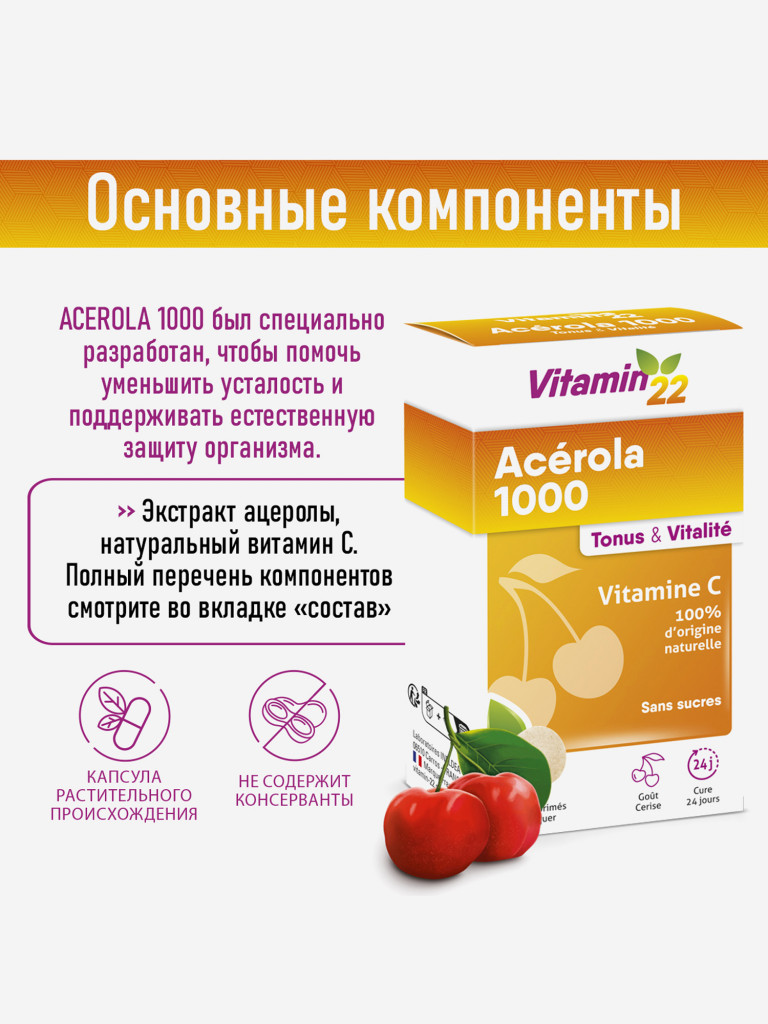 VITAMIN' 22 ACEROLA 1000 / ВИТАМИН' 22 АЦЕРОЛА 1000 (жевательные таблетки массой 2,0 г), 24 шт