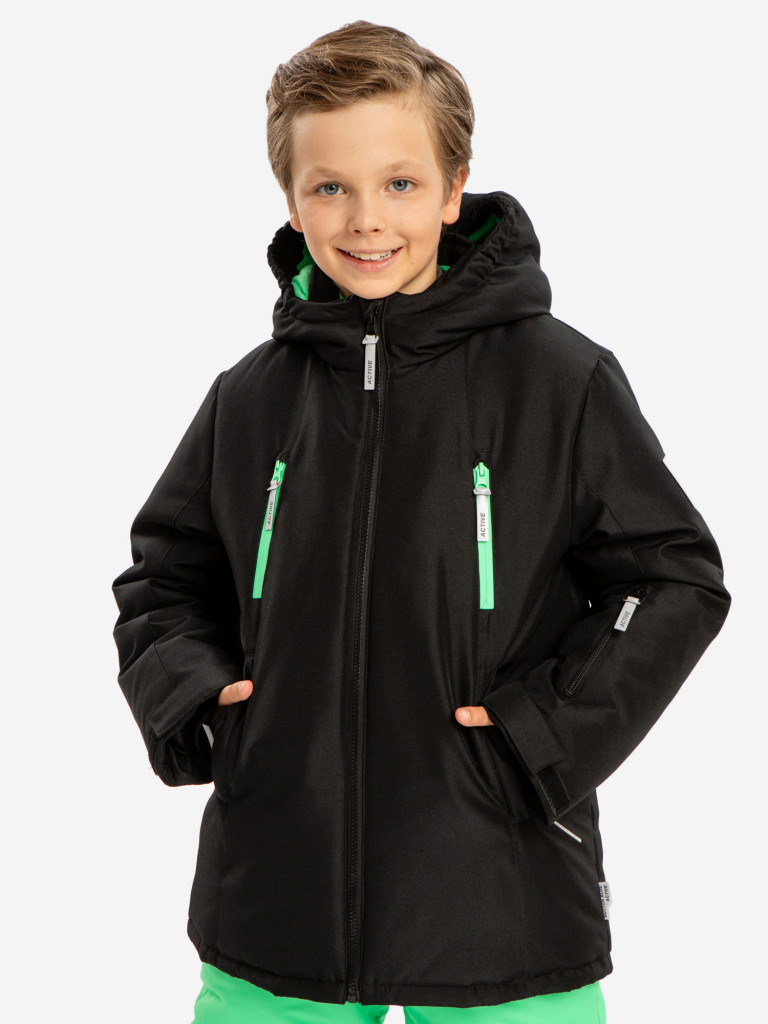 Куртка зимняя непромокаемая с капюшоном и манжетами-митенками черная для мальчика Button Blue