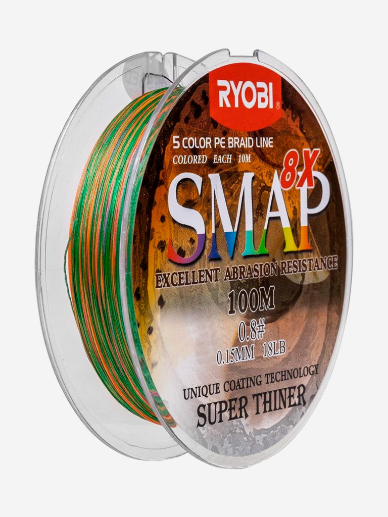 Шнур плетеный для рыбалки Ryobi SMAP PE8X, 100м, 0,148мм, 2кг, мультиколор