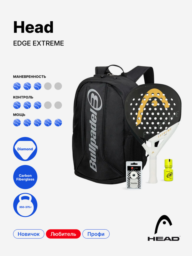 Комплект из ракетки для падела Head Edge Extreme Black с рюкзаком Bullpadel Avant и аксессуарами