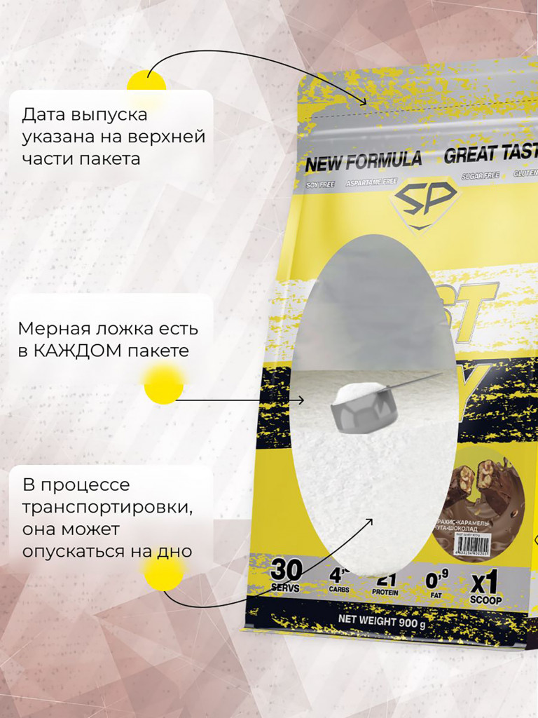 Сывороточный протеин FAST WHEY SteelPower, протеиновый коктейль для похудения, набора мышечной массы, порошок без сахара в пакете зип, 900 гр, Арахис-Карамель-Нуга-Шоколад (Сникерс)