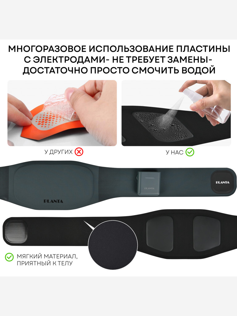 Пояс-миостимулятор для пресса, тренажер мышц пресса PLANTA EMS-600 с подогревом ультратонкий