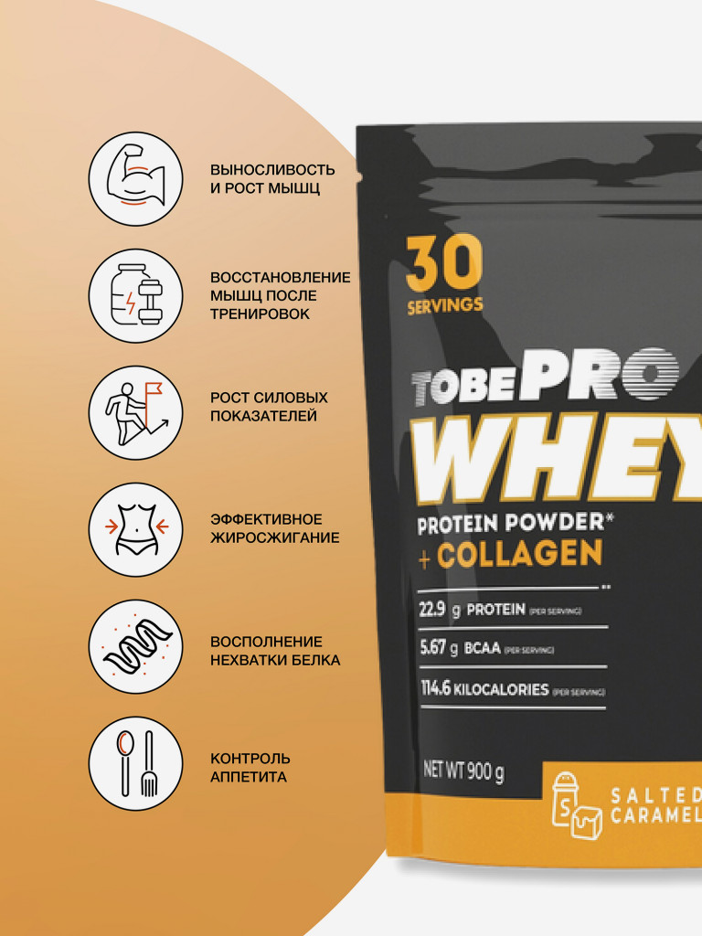 Протеин сывороточный без сахара TobePRO Whey Protein с коллагеном Соленая карамель , 900 г/30 порций