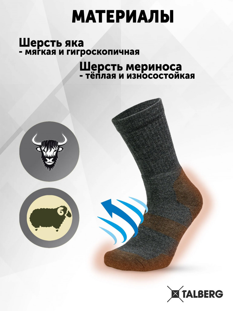 Термоноски треккинговые Talberg Yak Trek до -30 C, 36-38, серый