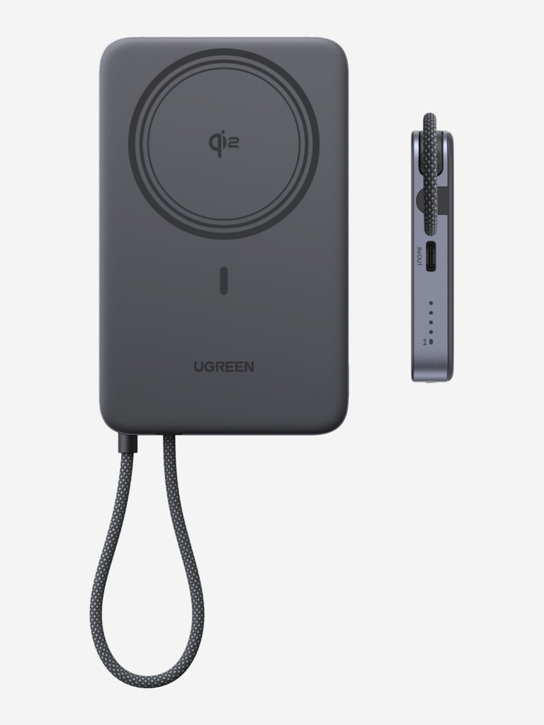 Внешний аккумулятор UGREEN PB570 (75982B) MagFlow Air Ultra-Slim 30W Magnetic 10000mAh Wireless Power Bank USB-C Cable. Цвет: серый космос