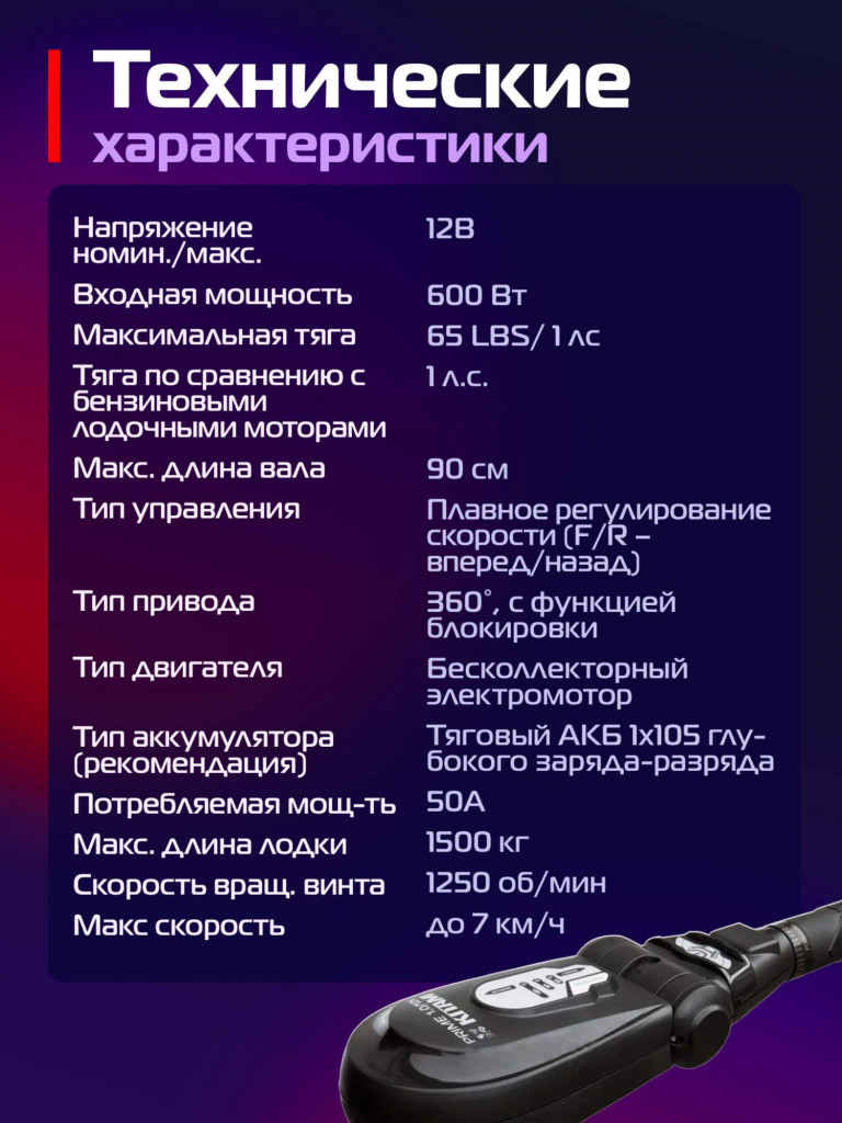 Лодочный электромотор Kitami Prime 1.0 12B, 65 LBS, 1 л.с, индикатор заряда