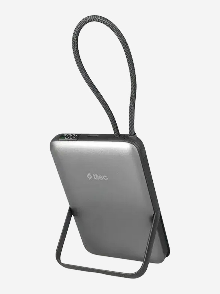 Внешний аккумулятор беспроводной TTEC Recharger M LCD 10000 mAh. MagSafe PD 20W Powerbank с кабелем USB-C и подставкой. Цвет: серый