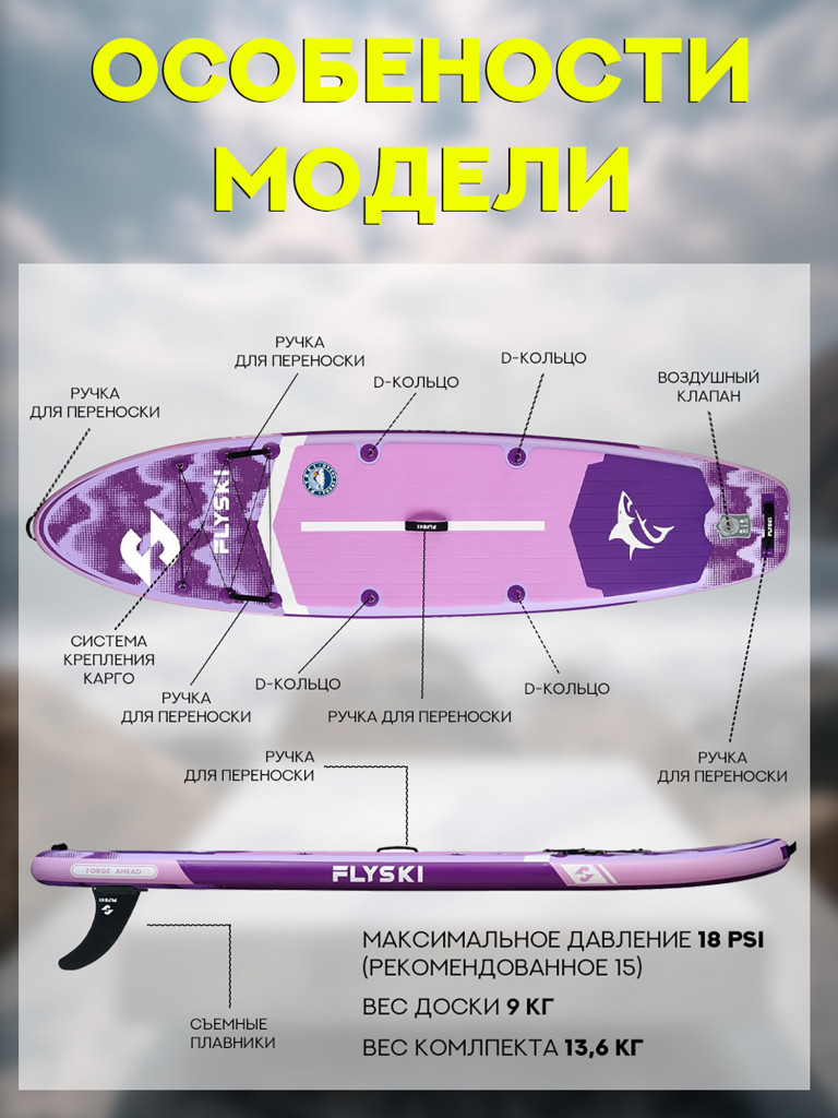 Надувной двухслойный сапборд FLYSKI Forge 335-86-15 см, цвет фиолетовый