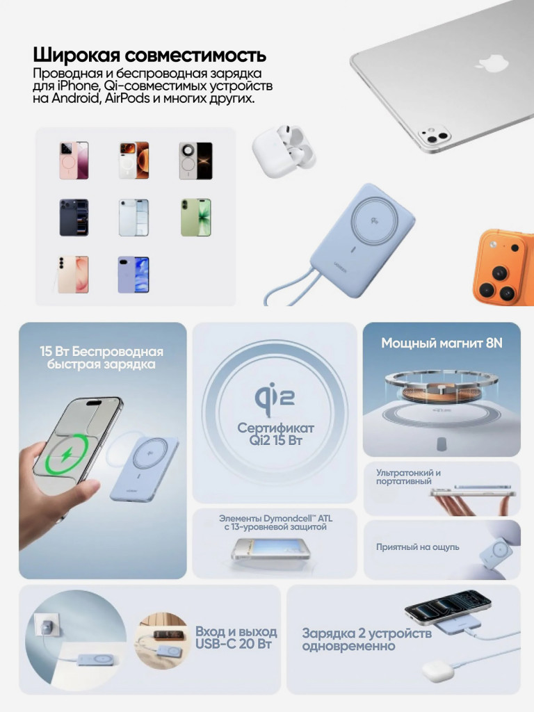 Внешний аккумулятор UGREEN PB580 (65840B) MagFlow Air Ultra-Slim 20W Magnetic 5000mAh Wireless Power Bank