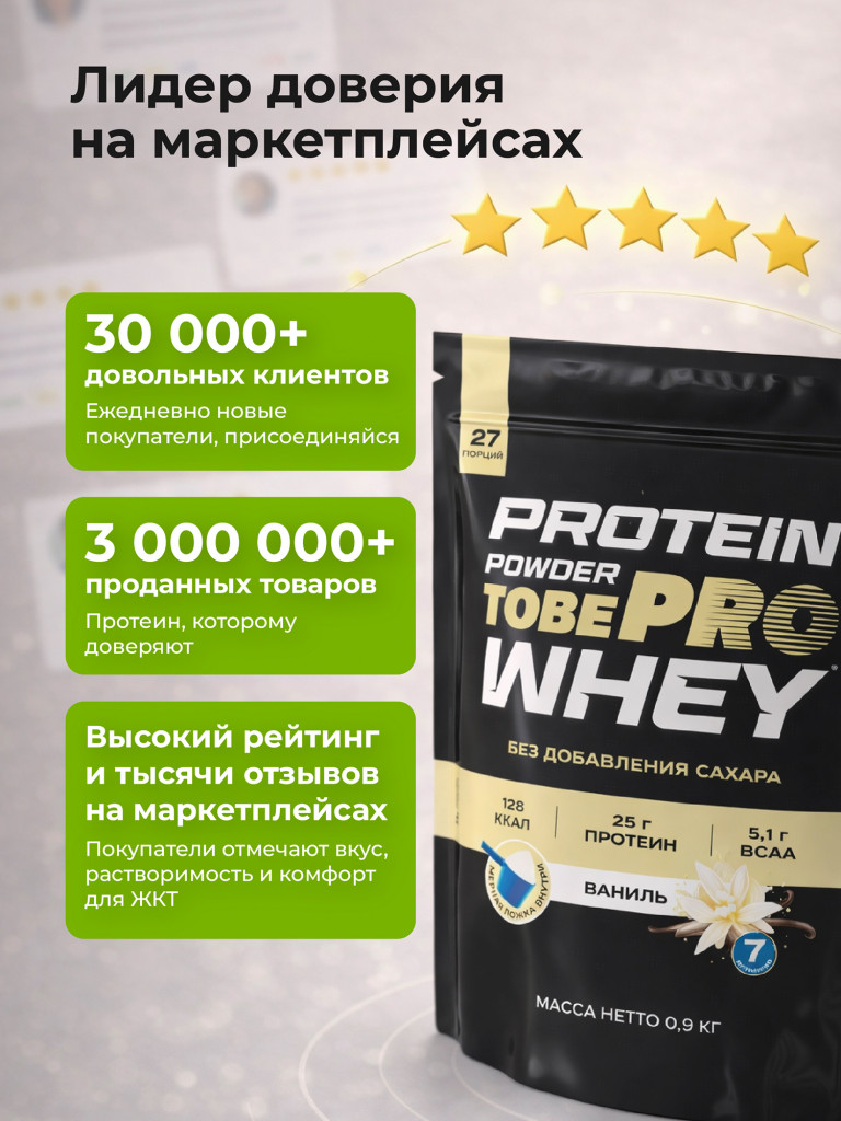 Протеин сывороточный без сахара TobePRO Whey Protein с ВСАА Ваниль, 900 г/30 порций