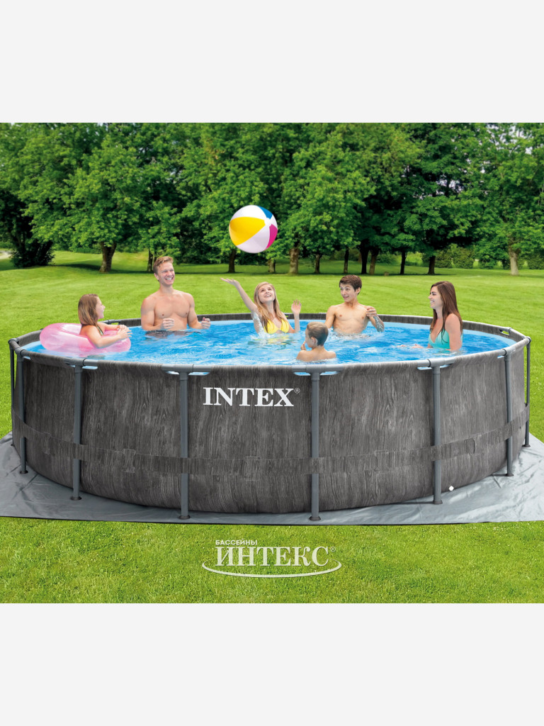 Каркасный бассейн Intex 26742 GreyWood Prism Frame (457x122см) + фильтр-насос 3785 л/ч, лестница, тент, подстилка