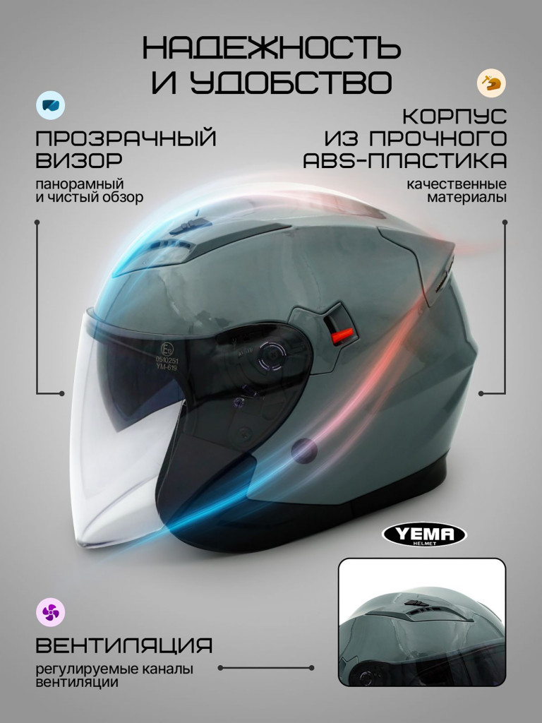 Мотошлем открытый YM-627-12 для мотоцикла, скутера, мопеда, квадроцикла, двойной визор