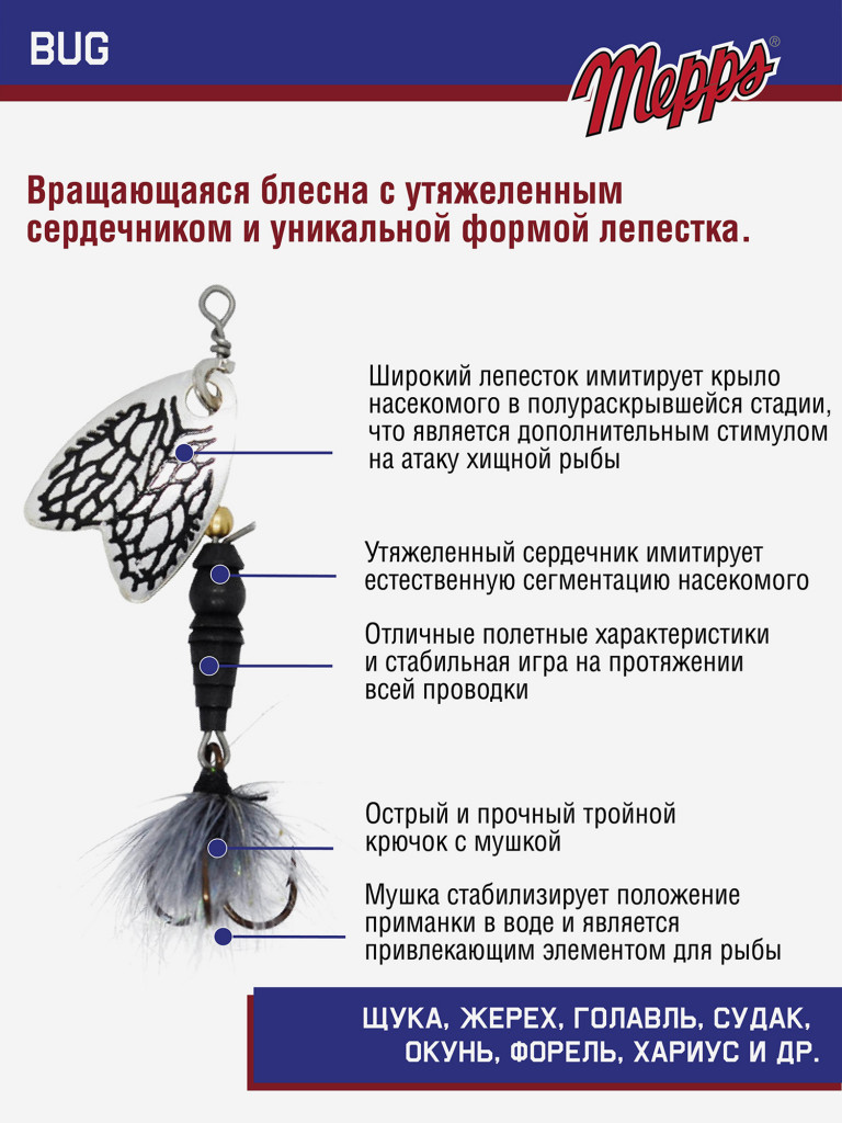 Блесна вращающаяся для рыбалки Mepps BUG №00 на щуку, окуня