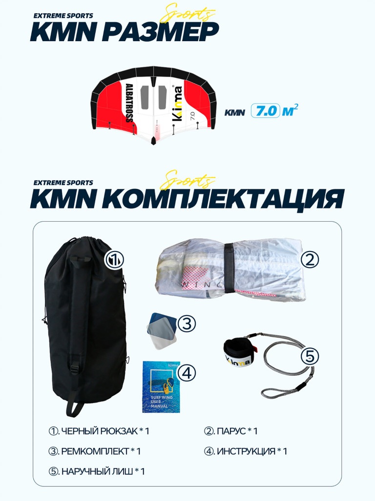 Крыло для виндфойла Kinma ALBATROSS 7,0 кв м, Надувное крыло с карбоновыми ручками