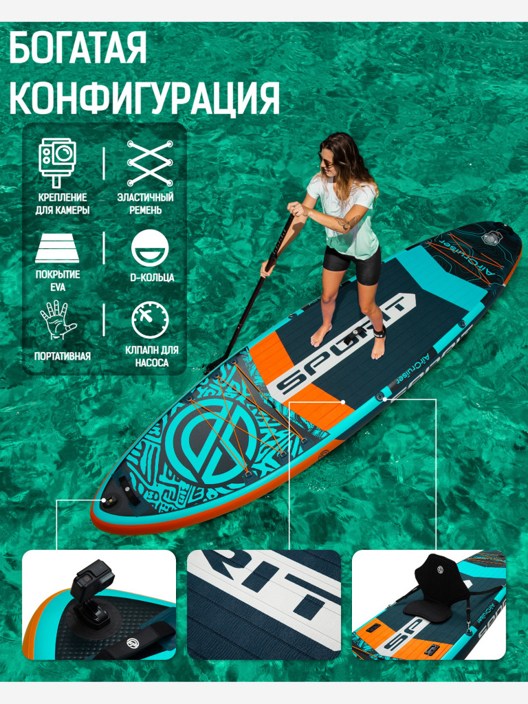 Надувная двухслойная SUP-доска SPORIT AIR CRUISER BLUE GREEN PRO, 11'6 351*86*15 см, сапборд