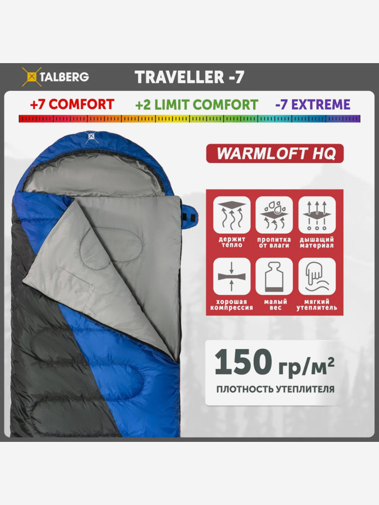 Спальный мешок туристический TALBERG TRAVELLER -7 C, синий, правая молния