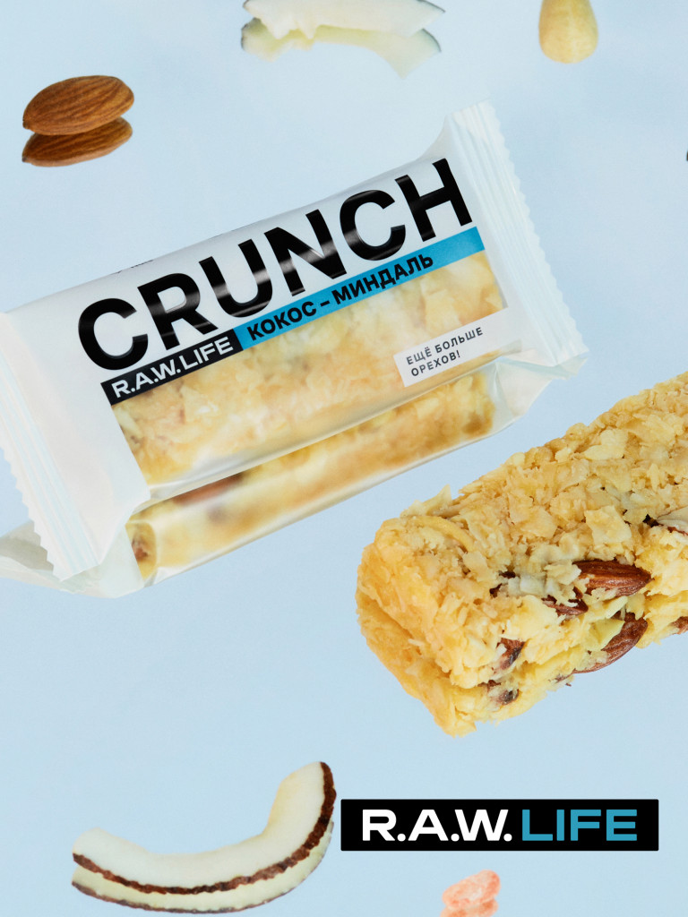 Энергетические батончики без сахара Роулайф R.A.W.LIFE CRUNCH / Злаковые, натуральные, много орехов / Ассорти 12 шт по 30 гр