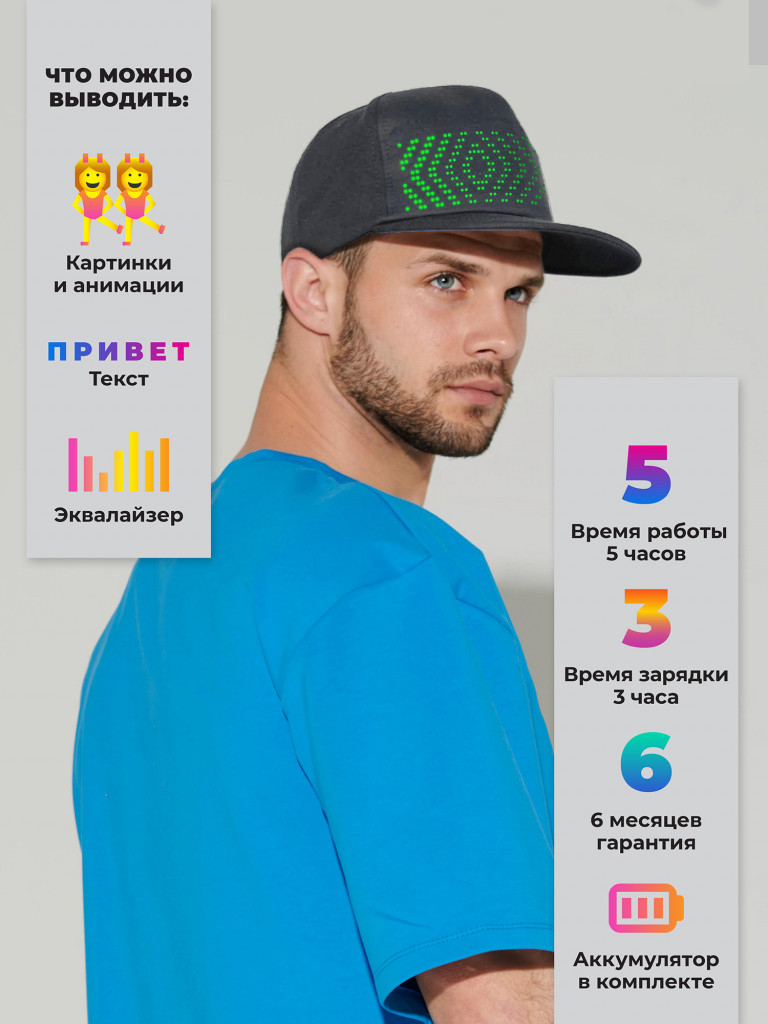 Умная бейсболка CYBERPIX Cyber Cap с LED экраном, кепка управляемая с телефона