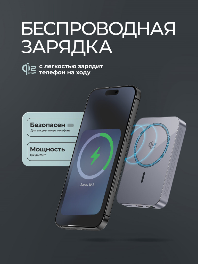 Внешний аккумулятор NRG Max Qi2.2 25Вт 10000 мА-ч (38.5 Вт-ч),Qi мощность до 25Вт MageSafe