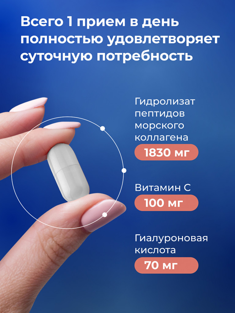 Коллаген морской 1 и 3 типа с гиалуроновой кислотой и витамином C, пептидный гидролизованный 120 капсул / Доктор Море