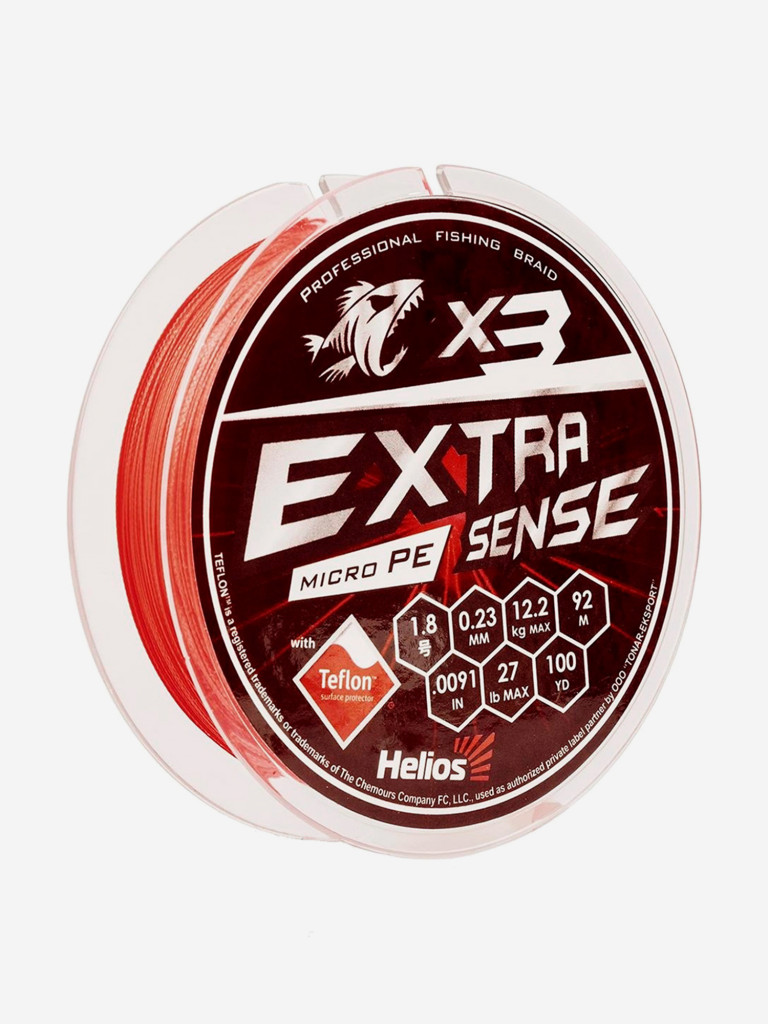 Шнур плетеный для рыбалки Helios Extrasense X3 PE, 92м, 0,23мм, 12,2кг, красный