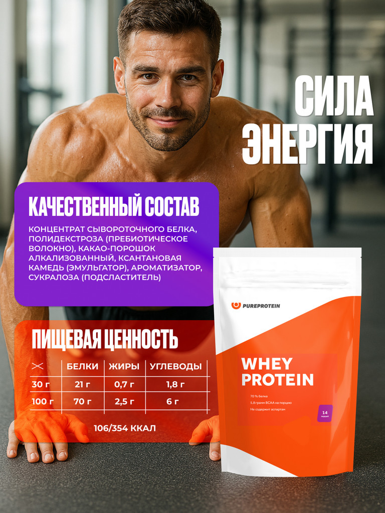 Протеин Сывороточный для похудения и набора набора мышечной PUREPROTEIN 810г, Шоколадный пломбир Whey protein