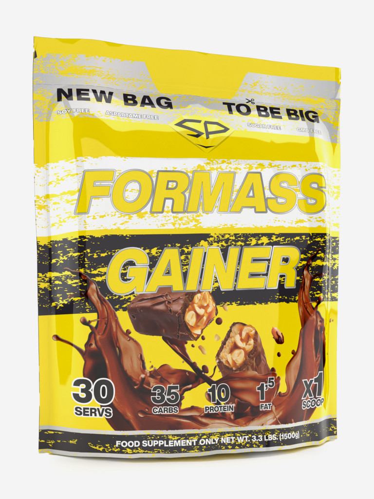 Гейнер Steelpower ForMass Gainer, 1500 г, 20% белка, 70% углеводов, 387 кКал, Арахис, Карамель, Нуга, Шоколад (сникерс)